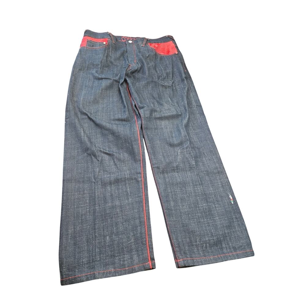 Coogi Wide Leg Jeans W40 L34 Red Contrast Stitching Embroidered Pockets Y2K - Picture 2 of 16
